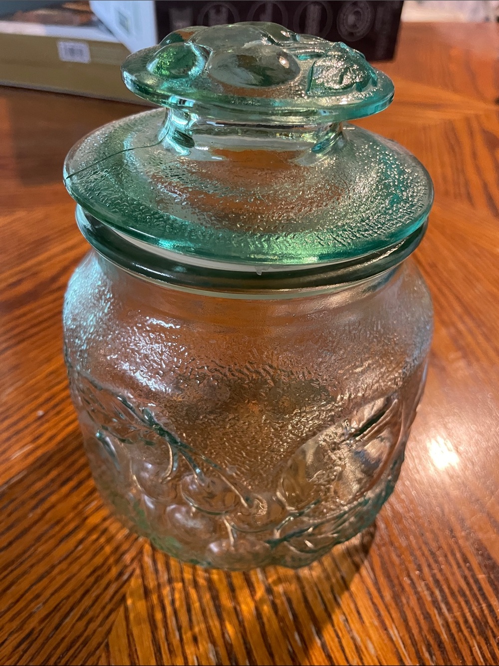 Vintage Libbey Green Glass Orchard Fruit Pattern Embossed cookie jar